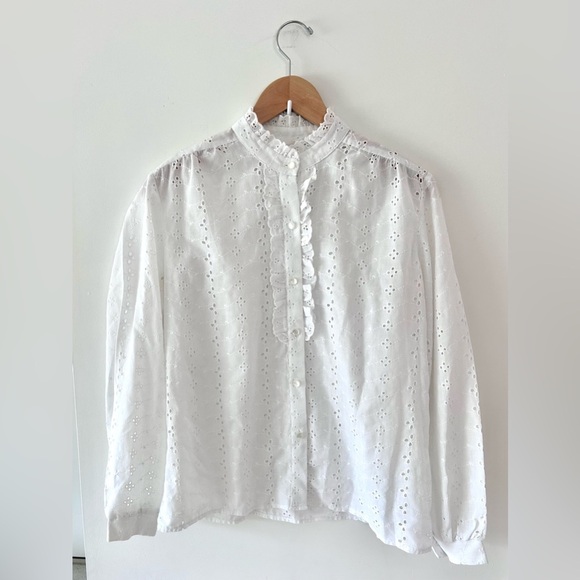 VINTAGE Ruffle Button-Up Romantic Eyelet Top S/M Cottagecore - Picture 2 of 7